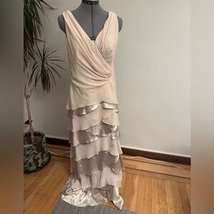 JS Boutique Champagne Tiered Ruffle Chiffon & Satin Prom Gown